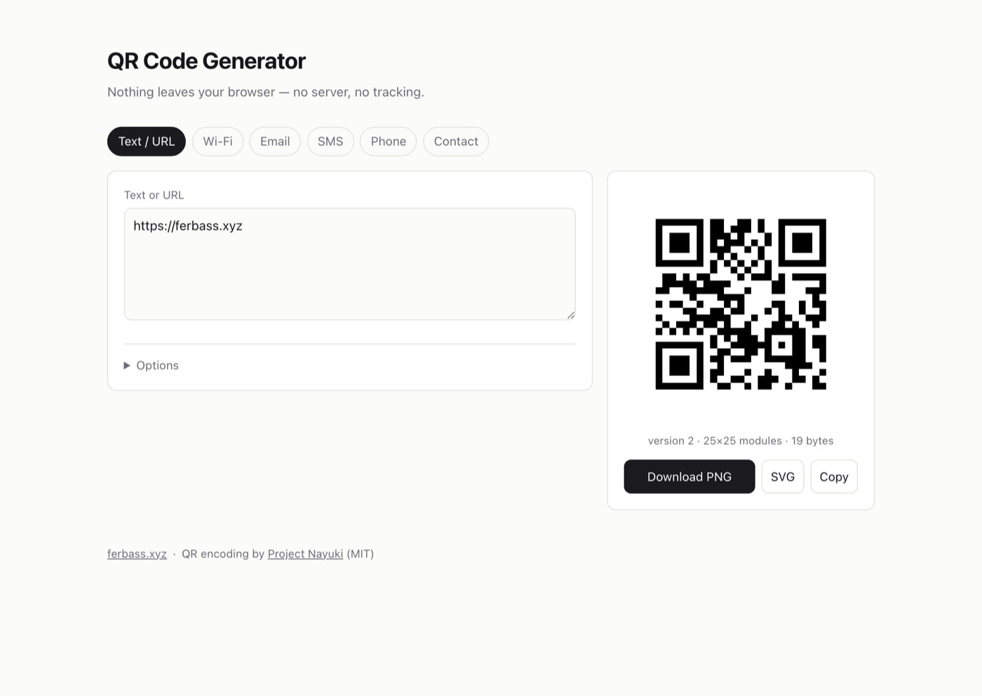 The QR code generator: a text field on the left, the generated code on the right